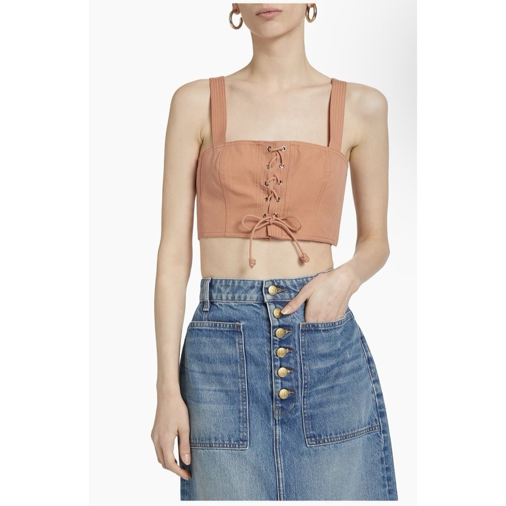 Ulla Johnson Women Size 4 Isla Lace-Up Fixed Strap Square Neck Crop Top Sedona